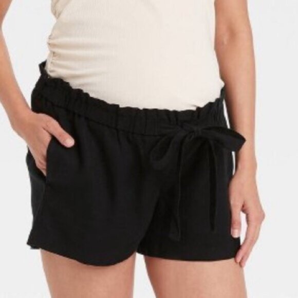 NWT Tie-Front Pull-On Elastic Waist Black Linen Maternity Shorts - Picture 2 of 6